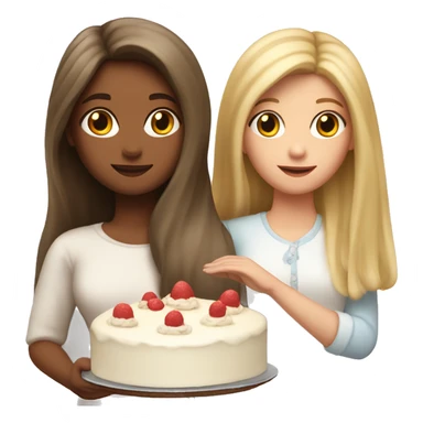 Girl with long blond hair and girl with brown straight hair together holding big white cake sticker