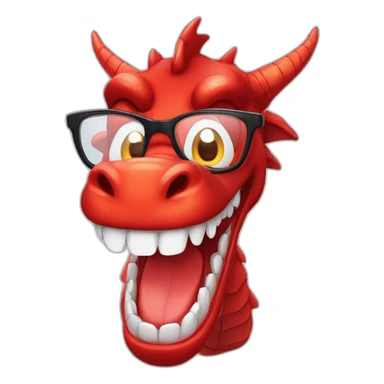 Crazy funny red dragon head with human white teeth and beautiful smile wearing glasses sticker