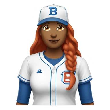 front facing, standing female coach with long red hair, wearing a white t-shirt and a simple blue baseball hat sticker