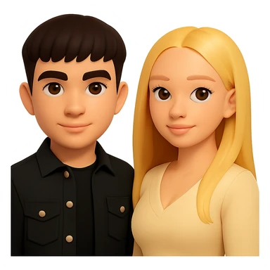 Slightly increase the volume of the upper body of the girl, separate the girl and the boy from each other, make the skin color the same for both. Maintain the cartoonish 3D style look. Keep the background transparent. sticker
