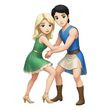 prince, upright, black Hair, blue eyes, Woman, blonde Hair, Green eyes, bending knee, sleveless White Dress, sticker