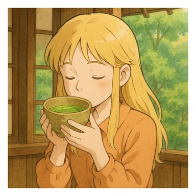 blonde girl drinking matcha, ghibli style sticker
