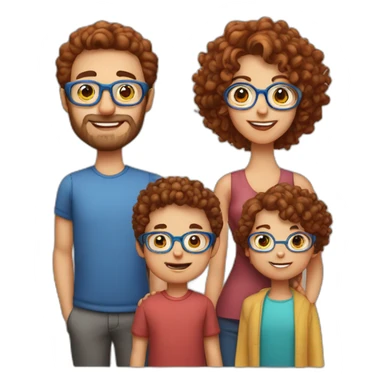 family of four father with gray hair mother with red curly hair and blue glasses son with brown hair and little daughter with curly brown hair sticker