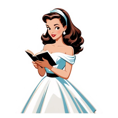 Beautiful woman in 1950’s woman fashion look, off-shoulder white dress, long dark brown hair, reading  sticker