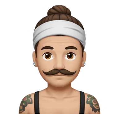 single big bun brunette hair man and mustache and face tattoos very heavy and headband sticker