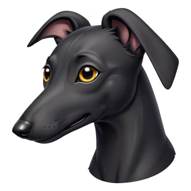 Cinematic Cute Black Greyhound Portrait Emoji, Head tilted playfully and inquisitively, featuring a smooth, shiny jet-black Fur and round, sparkling dark eyes filled with curiosity, Simplified yet irresistibly adorable features, highly detailed, glowing with a warm, friendly glow, high shine, affectionate and agile, stylized with a touch of whimsy, bright and endearing, soft glowing outline, capturing the essence of a mischievous yet loving racer, so playful it feels like it could dash out of the screen and into your arms! sticker