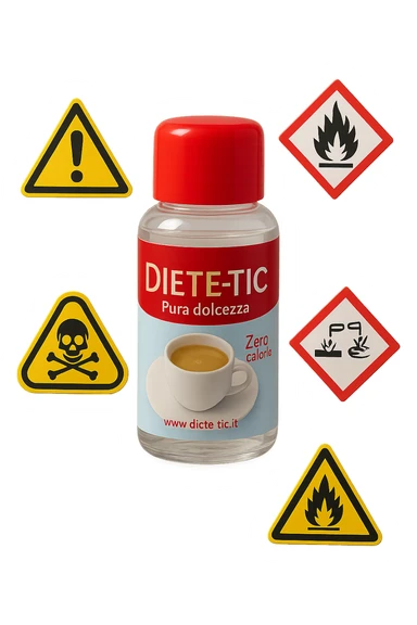 BOCCETTA DI DOLCIFICANTE LIQUIDO CON LA SCRITTA "DIETE-TIC" SULL'ETICHETTA FLUTTUA IN ARIA INSIEME A SEGNALI DI PERICOLO 3D sticker