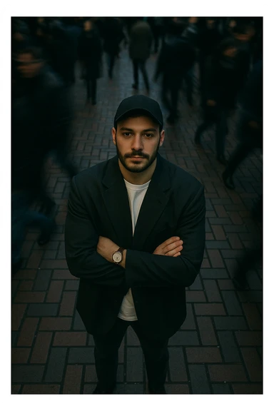 overhead shot of me standing still on a brick city sidewalk, wearing a dark oversized blazer,
motion-blurred crowd rushes past around me. Moody lighting, 35mm film look, shallow depth of field, sharp focus on me. sticker