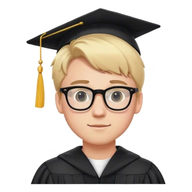 A blonde-haired young white man, wearing glasses, in the middle of his graduation with black and pink theme sticker