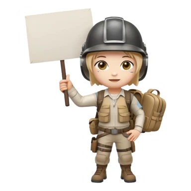 Create a cute emoji-style PUBG Mobile character, chibi version with helmet and backpack, standing in victory pose, holding a blank white sign or paper sheet in both hands in front of chest, ready for text, clean white background, simple emoji design” sticker