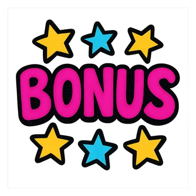 the word BONUS in large letters, all the same vibrant color, surrounded by stars, no background or sign behind, just the letters and stars, vibrant cartoon style sticker