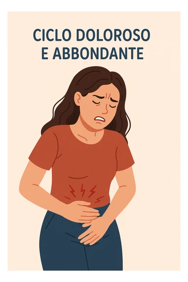 donna con ciclo doloroso e abbondante. testo in italiano. sticker