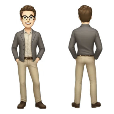 Joyful Full height Pale skinned Fit Man With dark brown hair in gray jacket, beige office shirt, Brown pants and vintage glasses. His thrumbs up sticker
