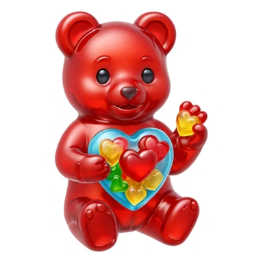 Multicolored gummy bear holding gummy anatomically correct heart sticker