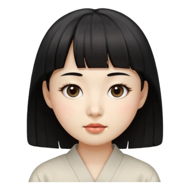 Clean Korean illustration-style emoji portrait of a young Korean woman, front-facing.
Smooth porcelain skin, soft shading, large round eyes, calm neutral expression.
Straight black bangs, black hair tied back, small nose and lips.
Round oval face, soft jawline.

 sticker