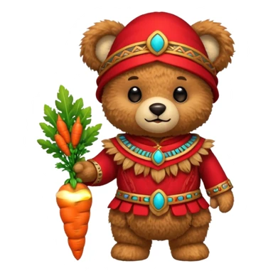 teddy bear, wearing red mayan ancient custome, with carrot sticker