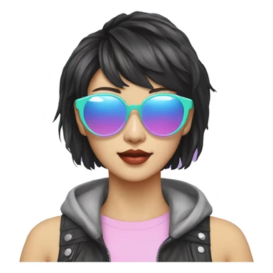 a short-haired Taiwanese lesbian as a designer with vaporwave style, without makeup, with earings, sunglasses with vaporwave image on it. sticker