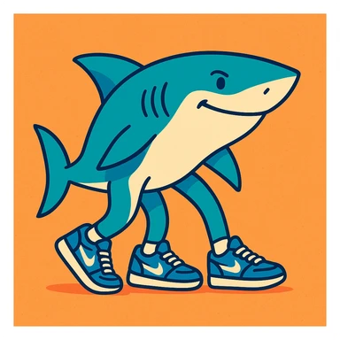 a shark with three legs, last leg near the back fin, wearing blue Nike shoes, closed mouth, clean modern illustration style sticker