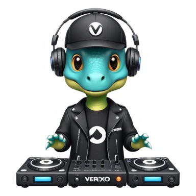 Dinosaurio muy tierno músico DJ con ropa negra futurista con nombre verexxo  sticker
