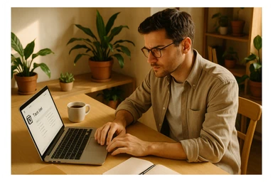 a man using Notion on a laptop, focused, creative, productivity vibe sticker
