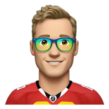 Jonathan Toews wearing glasses and rainbow clothes sticker