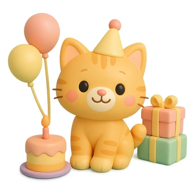 ginger tabby kitten sitting next to a stack of gifts, wearing a party hat, birthday cake and balloons around, cheerful sticker