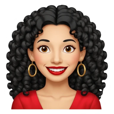 40 yr old peruvian woman, very curly long black hair, red lipstick, big smile, white teeth, brown eyes, hoop earings, hair parted at side sticker