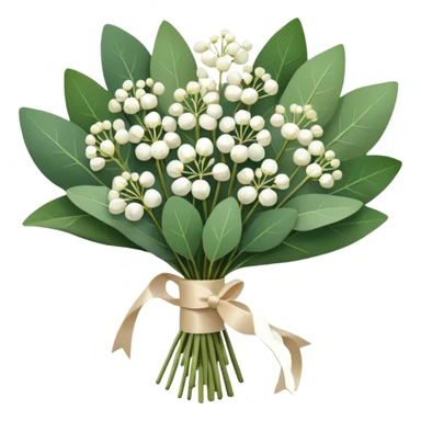 bouquet of eucalyptus and gypsophila flowers with beige ribbon sticker