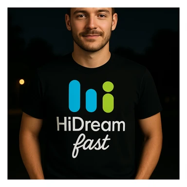 man wearing tshirt with this logo, dark night background with dim , add fast below logo sticker