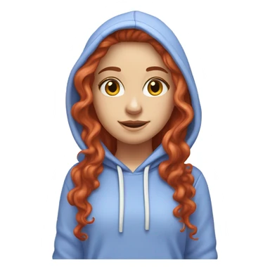 a white girl with long red curly hair, wearing a pastel periwinkle hoodie doing a pose sticker