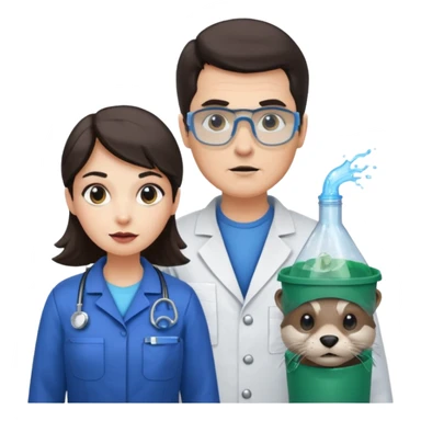 an otter disguised as a woman garbage collector next to a white man mad scientist with dark hair sticker