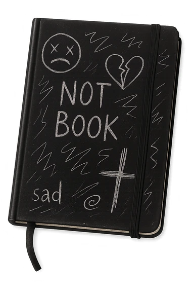 emo object, black notebook with scribbles, no background sticker