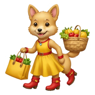 smiling-dog-in-a-yellow-dress,-red-boots,-carrying-a-market-bag sticker
