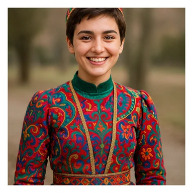 20-year-old Chechen girl with short brown hair, in a colorful Chechen dress, standing and smiling sticker