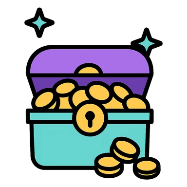 Make the purple and teal rewards chest open with coins spilling out, no background, icon style. sticker