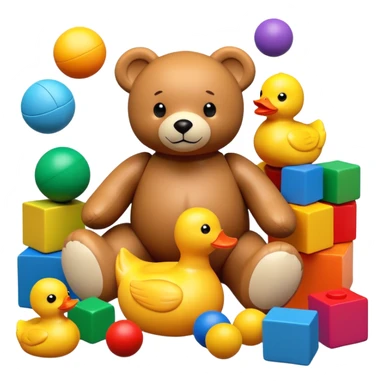 Colorful toys scattered together - teddy bear, rubber duck, toy blocks, ball, and action figures sticker