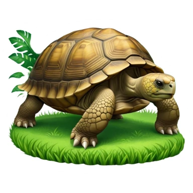 Giant tortoise walking slowly through lush green grass, surrounded by trees and tropical plants. Its large, textured shell gleams in the sunlight, and the peaceful, natural environment adds a sense of tranquility. Transparent background, emphasizing the tortoise’s majestic size. sticker