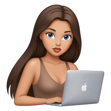 Glamours tanned very beautiful girl with big pump peach lips and dark chocolate straight smooth long hair, blue-grey eyes in brown/beige bodysuit with MacBook sticker