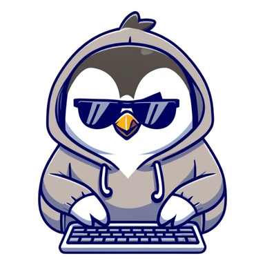 A cool penguin wearing a hoodie with sunglasses perched on head, typing with one flipper on a sleek keyboard sticker