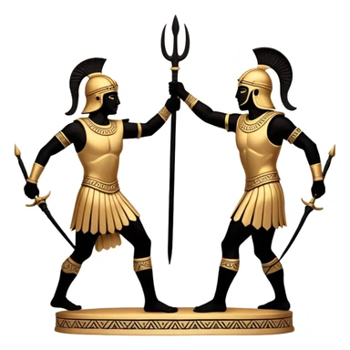 Cinematic-realistic Grecian urn, an exquisite black-figure pottery masterpiece resting in the dim glow of an ancient temple. Intricate golden depictions of two warrior fighting with spears and warriors encircle its curved form, telling timeless myths of heroism and tragedy.  sticker