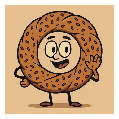 a simit with visible sesame seeds, flat cartoon style, outlined, warm brown and golden tones sticker