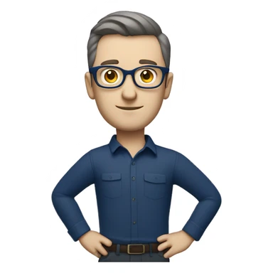 caucasian white man with dark hair, blue glasses, and carrying design plan because he is an architect and a pencil and a set model maquette. wearing a navy blue long sleeve shirt. smart.  sticker