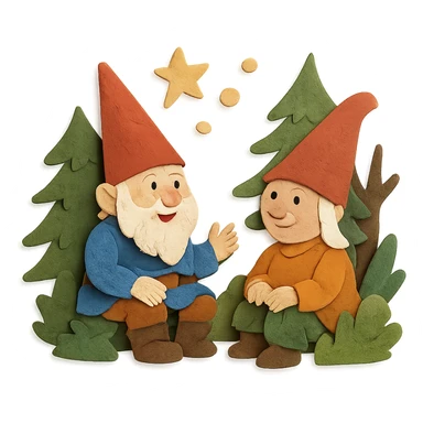 two gnomes in a forest, sitting next to each other, talking, magical details, layered paper look, paper craft style sticker
