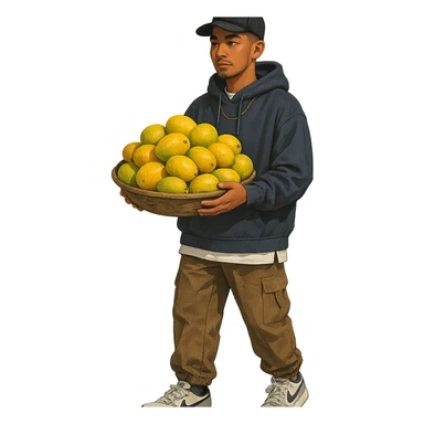 a stylish mango vendor in urban streetwear, with a cap and sneakers, carrying mangoes sticker