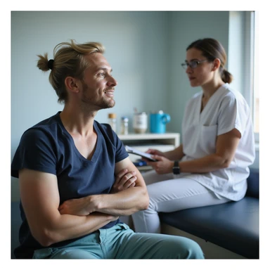 realistic image of a patient showing discomfort during therapeutic exercises, realistic medical environment, physiotherapist observing and taking notes, realistic details, clinical atmosphere, visible medical instruments sticker