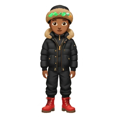 Handsome Black guy with brown skin tone, wear black joggers, a black bubble coat with a fur brim on the hood, and buckwheat timberland boots sticker