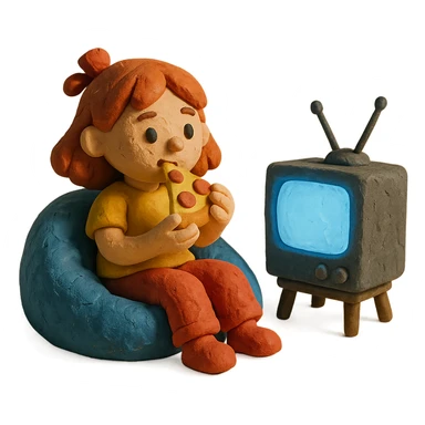 girl on beanbag, TV glowing, eating pizza sticker
