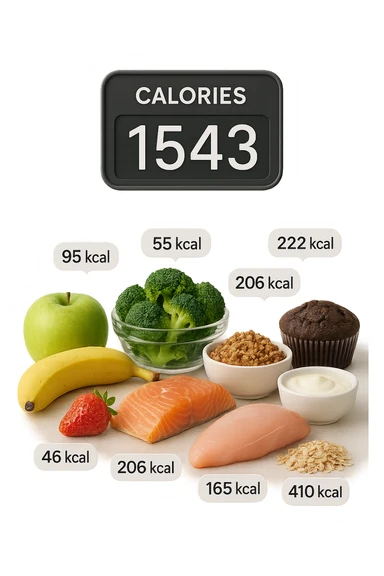 a digital calorie counter hovers above a variety of foods arranged on a table—fruits, vegetables, grains, meats, and desserts. Each food has a floating label showing its calorie content. The background is clean and modern, emphasizing the educational aspect of calorie awareness. sticker
