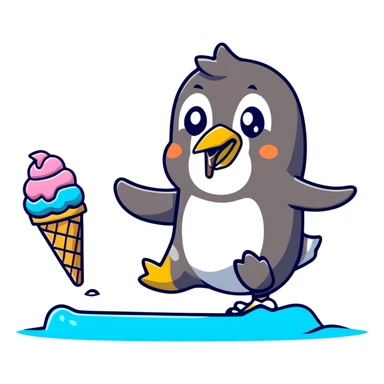 Clumsy penguin slipping on ice with ice cream cone sticker