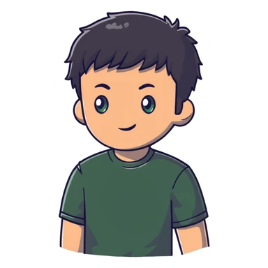 man with dark messy short hair, dark green eyes, wearing a gray t-shirt sticker